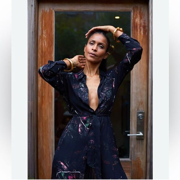 Ooshi Abstract Print Silk Button Down Shirt Dress Black size small - Picture 1 of 16